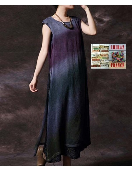 Robe longue sans manche KAKI tie dye superposition coupe trapeze voile de coton