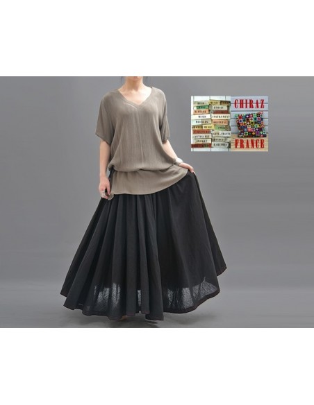 Tunique top LIN gaufré crepon ROUGE ou TAUPE col V fentes et dos long chic boho