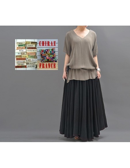 Tunique top LIN gaufré crepon ROUGE ou TAUPE col V fentes et dos long chic boho