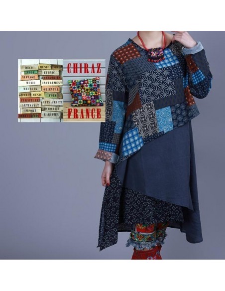 Tunique kaftan longue superposition LIN PANS croisés boho folk NOIR VERT