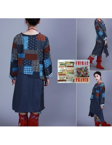 Tunique kaftan longue superposition LIN PANS croisés boho folk NOIR VERT