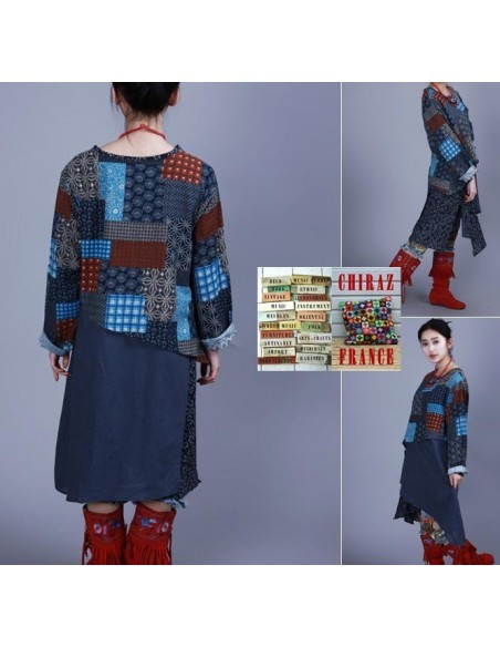 Tunique kaftan longue superposition LIN PANS croisés boho folk NOIR VERT