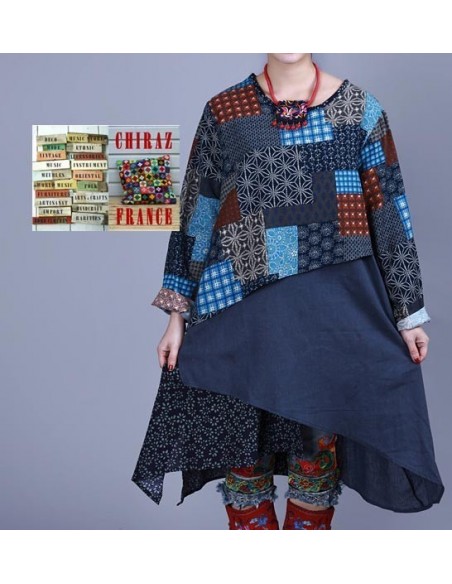 Tunique kaftan longue BLEU superposition LIN PANS croisés boho folk