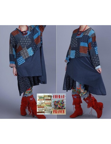 Tunique kaftan longue superposition LIN PANS croisés boho folk NOIR VERT