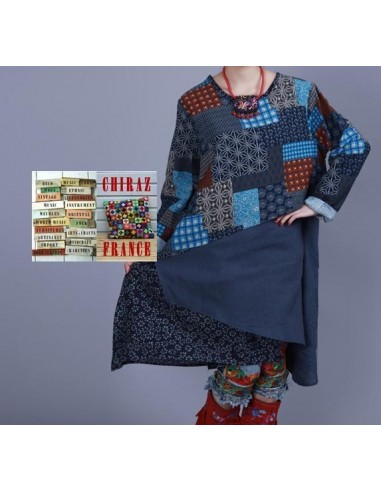 Tunique kaftan longue superposition LIN PANS croisés boho folk NOIR VERT