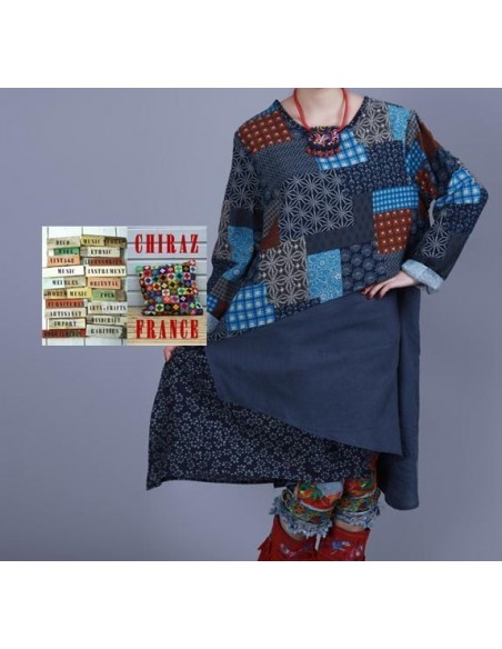 Tunique kaftan longue superposition LIN PANS croisés boho folk NOIR VERT