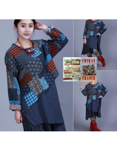 Tunique kaftan longue superposition LIN PANS croisés boho folk NOIR VERT