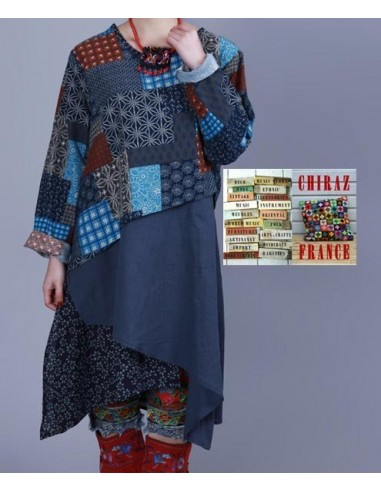 Tunique kaftan longue superposition LIN PANS croisés boho folk NOIR VERT