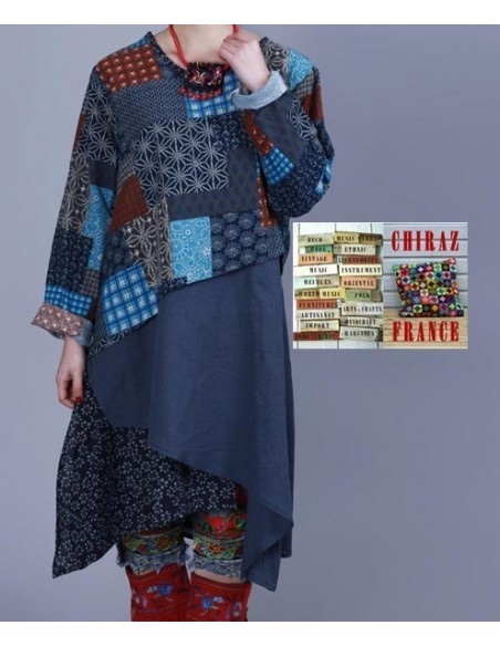 Tunique kaftan longue superposition LIN PANS croisés boho folk NOIR VERT