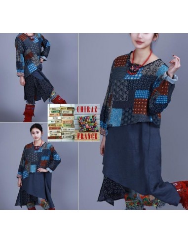 Tunique kaftan longue superposition LIN PANS croisés boho folk NOIR VERT