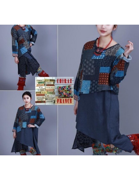 Tunique kaftan longue superposition LIN PANS croisés boho folk NOIR VERT