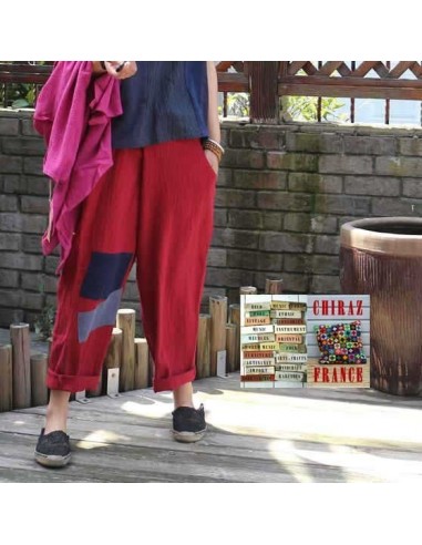 Pantalon baggy LIN léger BORDEAUX pièces cousues boho ethnique créateur déstructuré