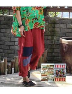 Pantalon baggy LIN léger ROUGE pièces cousues boho ethnique créateur déstructuré 2