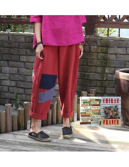 Pantalon baggy LIN léger ROUGE pièces cousues boho ethnique créateur déstructuré