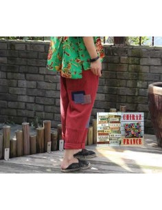 Pantalon baggy LIN léger ROUGE pièces cousues boho ethnique créateur déstructuré