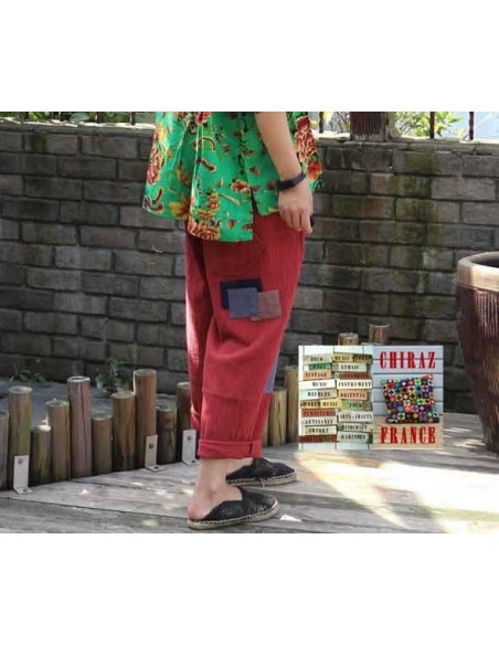 Pantalon baggy LIN léger ROUGE pièces cousues boho ethnique créateur déstructuré