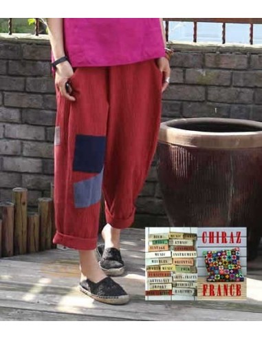 Pantalon baggy LIN léger ROUGE pièces...