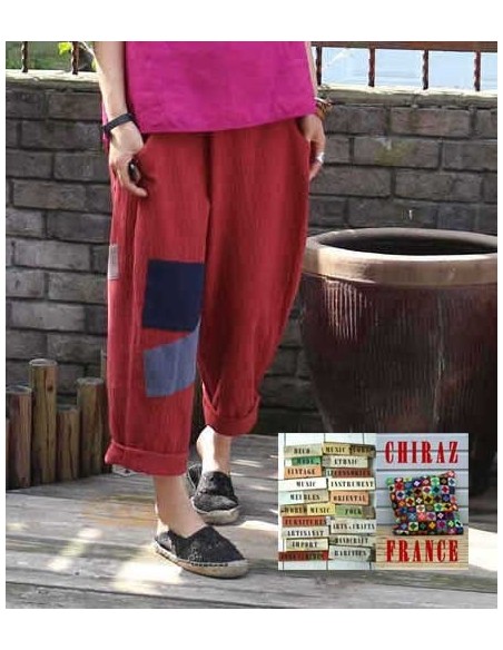 Pantalon baggy LIN léger ROUGE pièces cousues boho ethnique créateur déstructuré