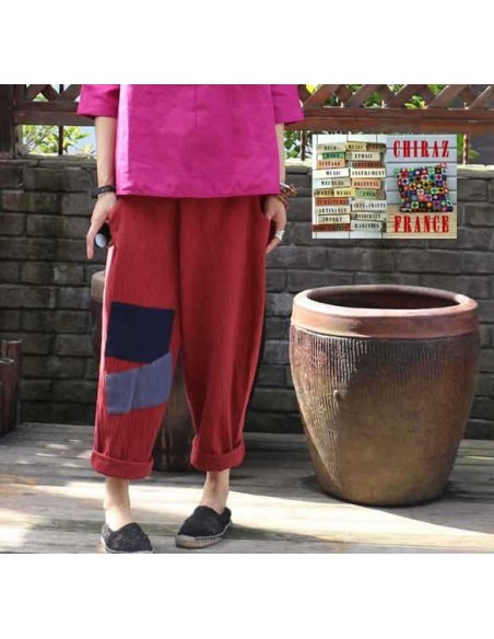 Pantalon baggy LIN léger ROUGE pièces cousues boho ethnique créateur déstructuré