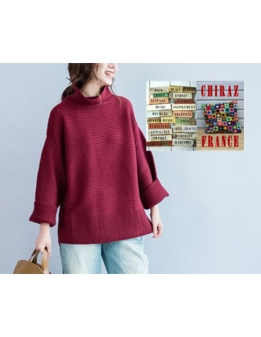 Pull côtes anglaises PRUNE marinière ample manches kimono laine boho ethnique folk XL