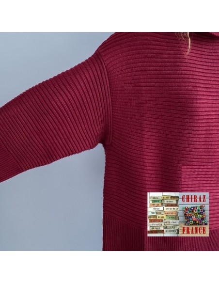 Pull côtes anglaises PRUNE marinière ample manches kimono laine boho ethnique folk XL