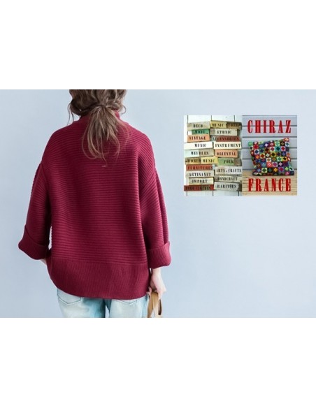 Pull côtes anglaises  PRUNE,  marinière ample manches kimono laine boho ethnique folk XL
