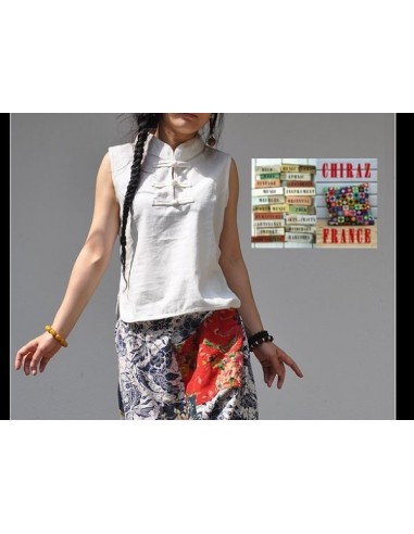 Tunique top LIN épais boutons pankou col MAO BLANC ou NOIR débardeur boho ethnique