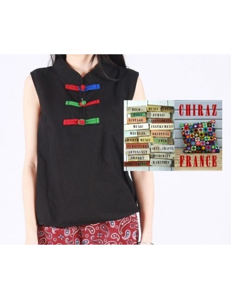 Tunique top LIN épais boutons pankou col MAO  ou NOIR débardeur boho ethnique