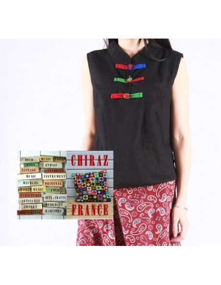 Tunique top LIN épais boutons pankou col MAO BLANC ou NOIR débardeur boho ethnique