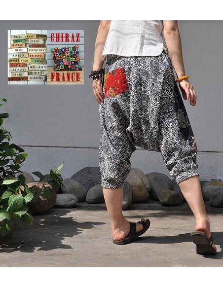 Pantalon large sarouel cachemire coton grande poche tissu traditionnel fleuri camaïeu boho ethnique folk 