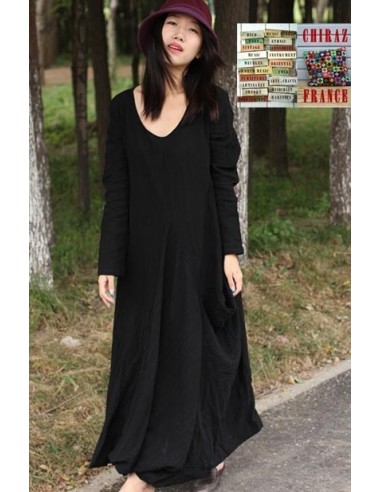Robe longue LIN brut coupe destructurée effet boule noir violet orange XL boho ethnique folk