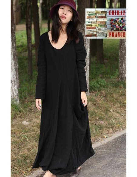 Robe longue LIN brut coupe destructurée effet boule noir violet orange XL boho ethnique folk