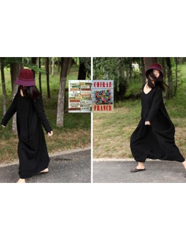 Robe longue LIN brut coupe destructurée effet boule noir violet orange XL boho ethnique folk