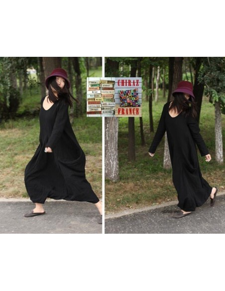 Robe longue LIN brut coupe destructurée effet boule noir violet orange XL boho ethnique folk