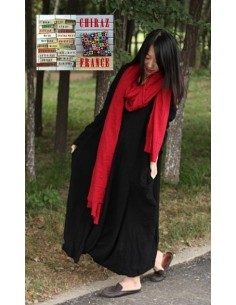 Robe longue LIN brut coupe destructurée effet boule noir violet orange XL boho ethnique folk