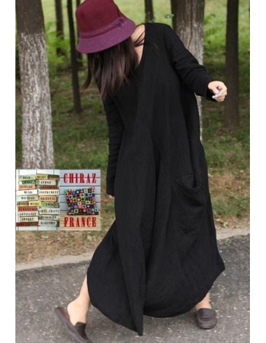 Robe longue LIN brut coupe destructurée effet boule noir violet orange XL boho ethnique folk
