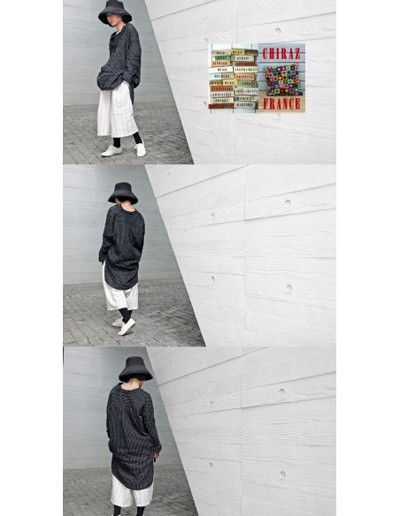 Tunique liquette manche 3/4 grand-père longue NOIR rayée blanc col tunisien LIN x coton