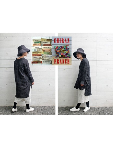 Tunique liquette manche 3/4 grand-père longue NOIR rayée blanc col tunisien LIN x coton