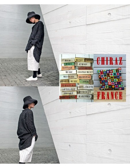 Tunique liquette manche 3/4 grand-père longue NOIR rayée blanc col tunisien LIN x coton