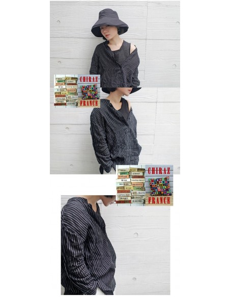 Tunique liquette manche 3/4 grand-père longue NOIR rayée blanc col tunisien LIN x coton