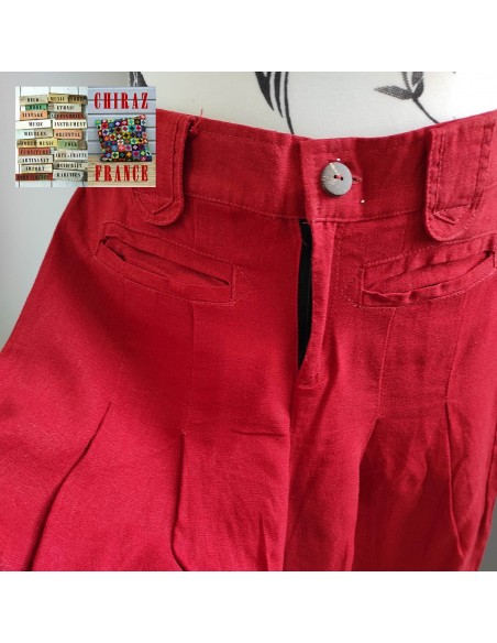 Pantalon long lin brut rouge jambes larges T S / 34.36 bourgeon boho ethnique