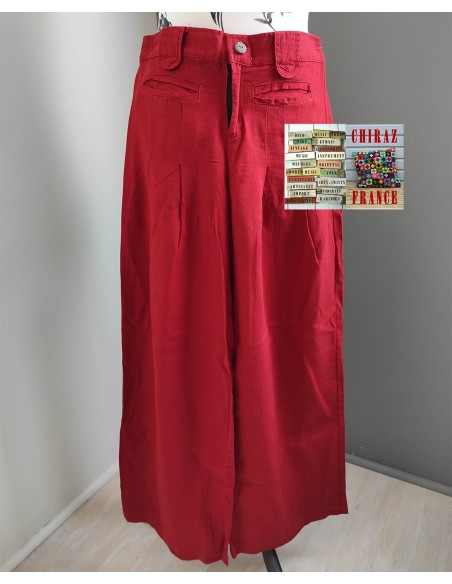 Pantalon long lin brut vermillon rouge jambes larges T S / 34.36 bourgeon boho ethnique