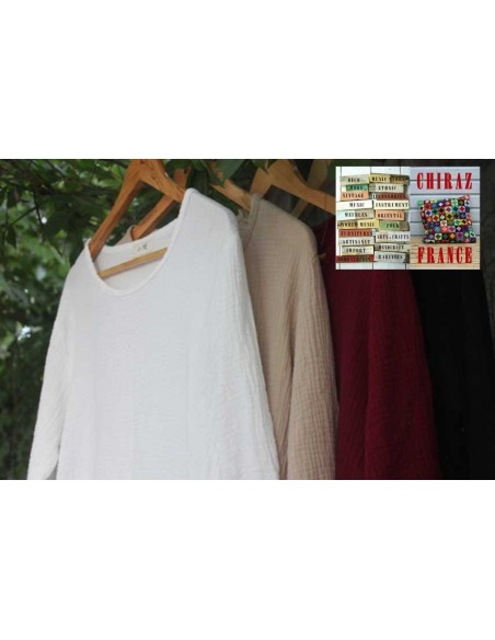 Tunique top coton double épaisseur gaufré oversize manches longues 38 - 46 boho