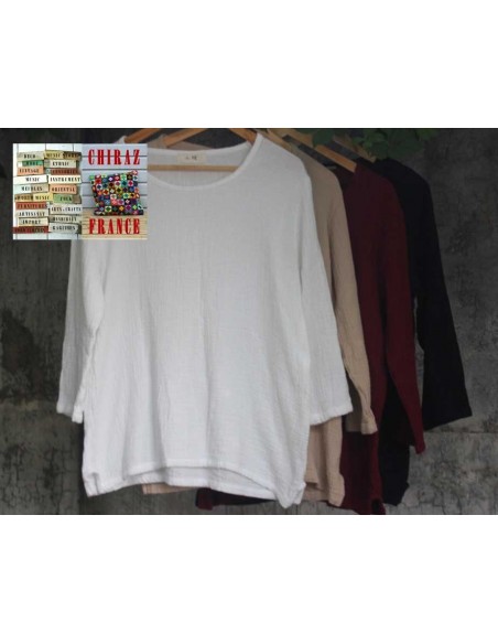 Tunique top coton double épaisseur gaufré oversize manches longues 38 - 46 boho