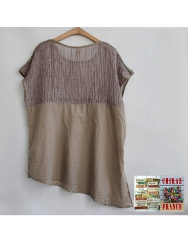 Tunique top LIN haut gaufré bas lisse BLANC ou TAUPE col V fentes manches courtes boho ethnique Tunique top LIN haut gaufré bas lisse BLANC ou TAUPE col V fentes manches courtes boho ethnique