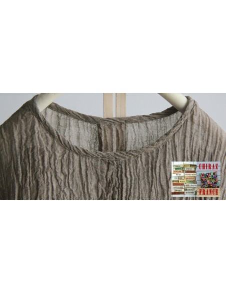 Tunique top LIN haut gaufré bas lisse BLANC ou TAUPE col V fentes manches courtes boho ethnique Tunique top LIN haut gaufré bas lisse BLANC ou TAUPE col V fentes manches courtes boho ethnique