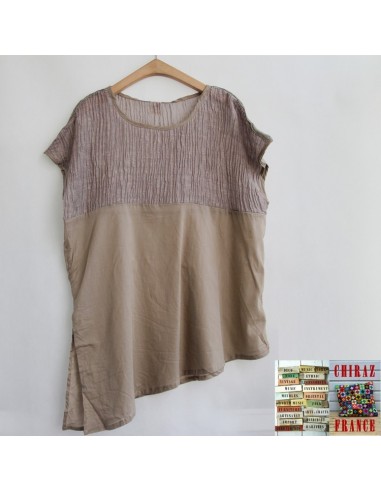 Tunique top LIN haut gaufré bas lisse BLANC ou TAUPE col V fentes manches courtes boho ethnique Tunique top LIN haut gaufré bas lisse BLANC ou TAUPE col V fentes manches courtes boho ethnique