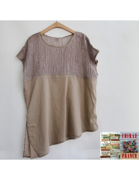 Tunique top LIN haut gaufré bas lisse BLANC ou TAUPE col V fentes manches courtes boho ethnique Tunique top LIN haut gaufré bas lisse BLANC ou TAUPE col V fentes manches courtes boho ethnique