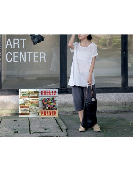 Tunique top LIN haut gaufré bas lisse BLANC ou TAUPE col V fentes manches courtes boho ethnique Tunique top LIN haut gaufré bas lisse BLANC ou TAUPE col V fentes manches courtes boho ethnique