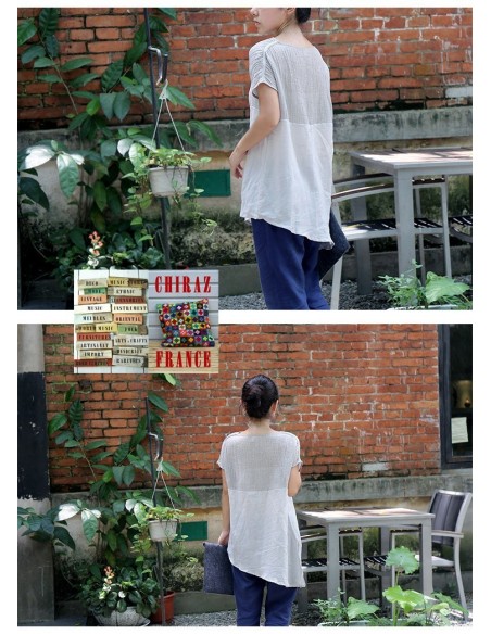 Tunique top LIN haut gaufré bas lisse BLANC ou TAUPE col V fentes manches courtes boho ethnique Tunique top LIN haut gaufré bas lisse BLANC ou TAUPE col V fentes manches courtes boho ethnique